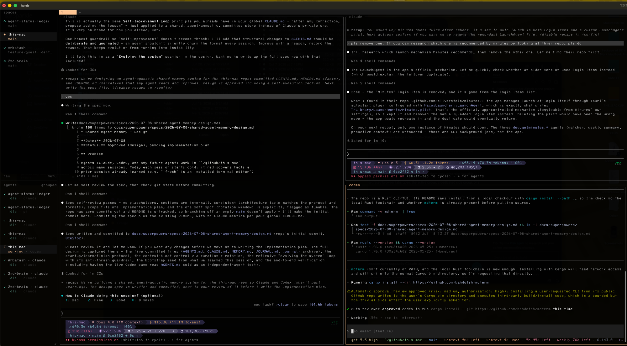 Herdr showing four project workspaces in the left rail, the agents grouped below with their idle/working states, and three agent panes running side by side