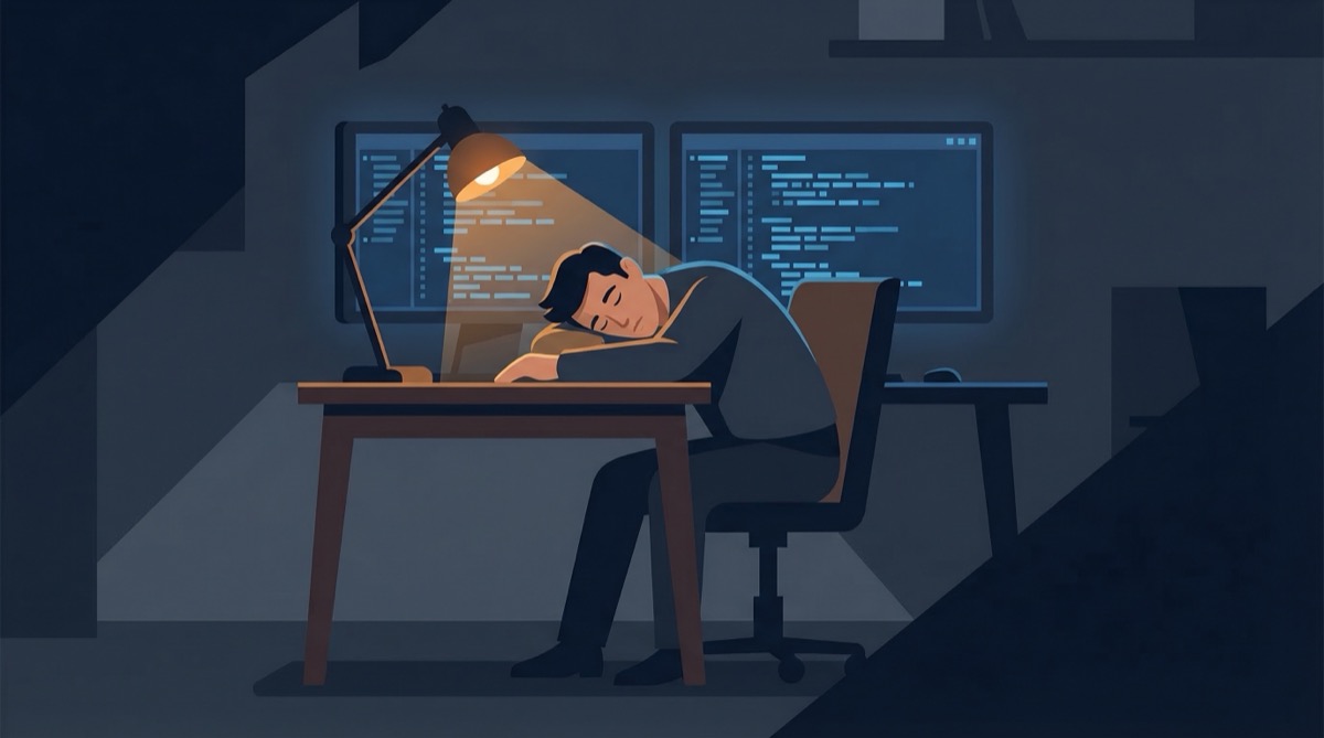 A developer asleep at their desk, monitors still glowing