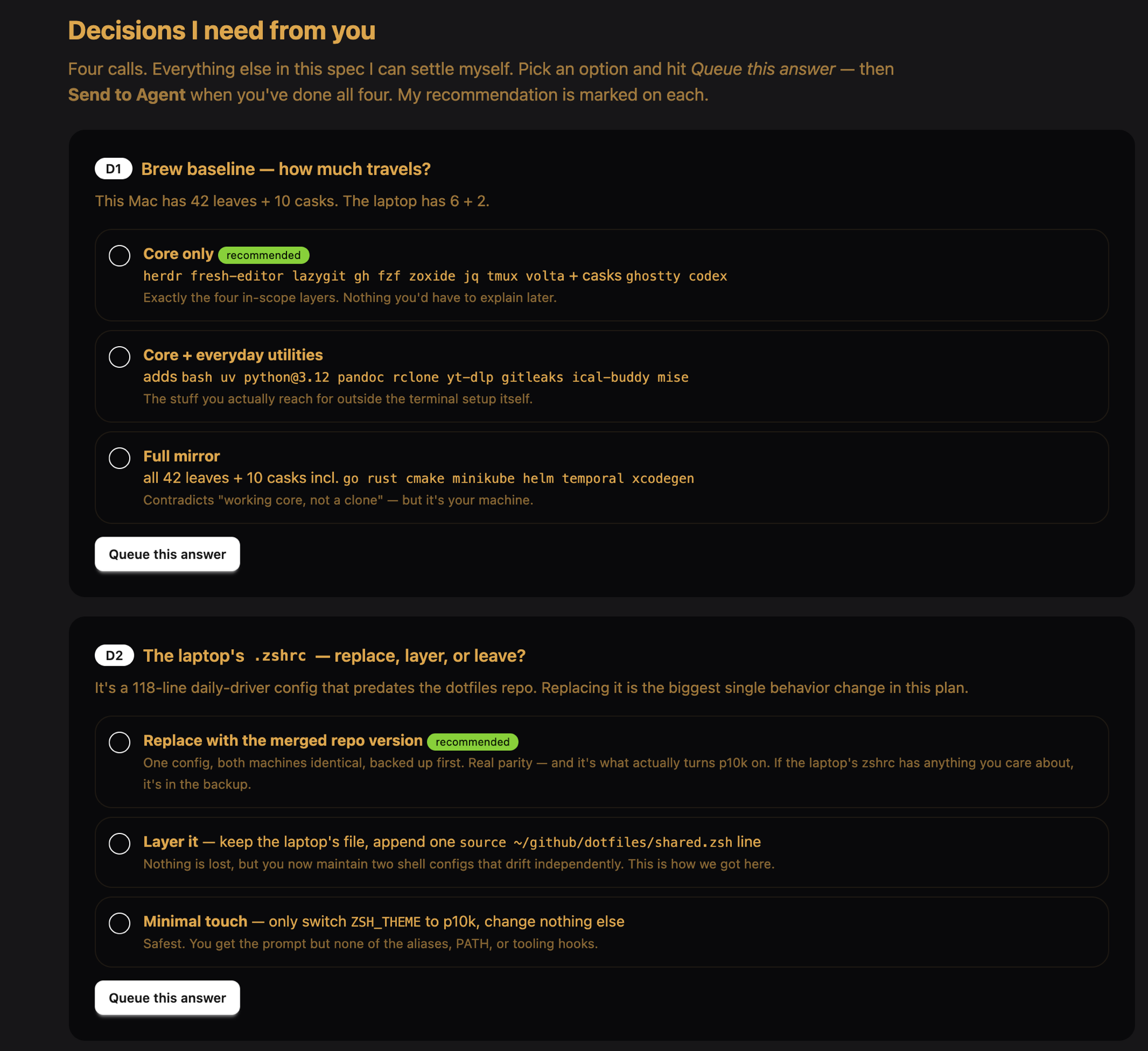 A Lavish decisions block titled "Decisions I need from you": numbered decision cards, each with options, honest downside notes, the agent's recommendation marked, and a queue button per question